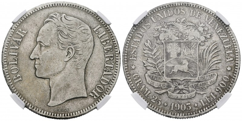 ESTADOS UNIDOS DE VENEZUELA. 5 Bolívares. (Ar. 25,00g/37mm). 1903. Philadelphia....