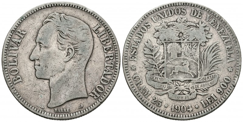 ESTADOS UNIDOS DE VENEZUELA. 5 Bolívares. (Ar. 24,63g/37mm). 1904. Caracas. (Km#...