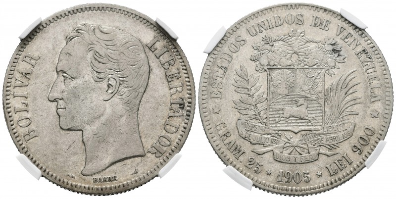 ESTADOS UNIDOS DE VENEZUELA. 5 Bolívares. (Ar. 25,00g/37mm). 1905. París. (Km#Y2...