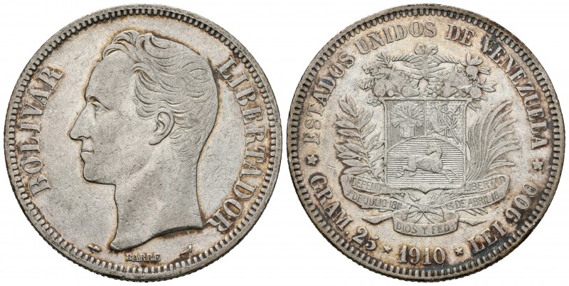 ESTADOS UNIDOS DE VENEZUELA. 5 Bolívares. (Ar. 24,85g/37mm). 1910. París. (Km#Y2...