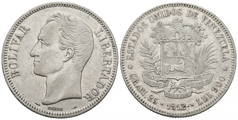 ESTADOS UNIDOS DE VENEZUELA. 5 Bolívares. (Ar. 25,00g/37mm). 1912. (Km#Y24.2). E...