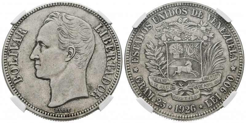 ESTADOS UNIDOS DE VENEZUELA. 5 Bolívares. (Ar. 25,00g/37mm). 1926. Philadelphia....