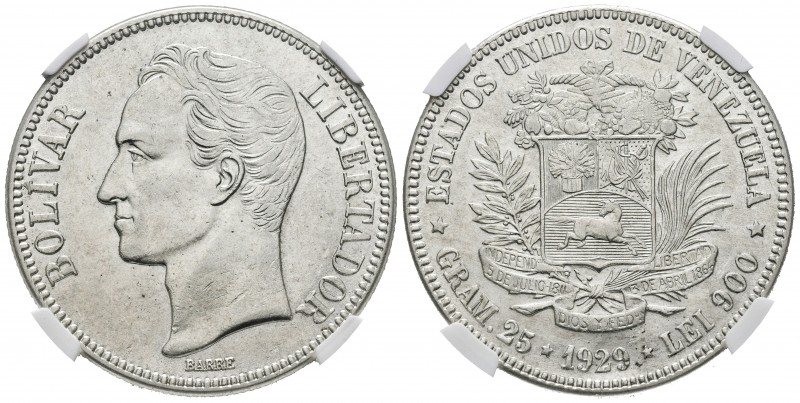 ESTADOS UNIDOS DE VENEZUELA. 5 Bolívares. (Ar. 25,00mm/37mm). 1929. Philadelphia...