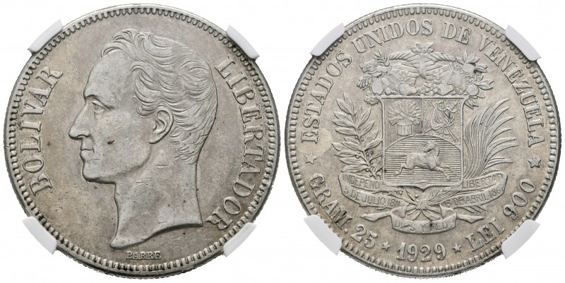 ESTADOS UNIDOS DE VENEZUELA. 5 Bolívares. (Ar. 25,00g/37mm). 1929. Philadelphia....