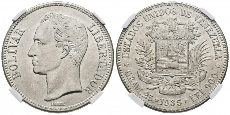 ESTADOS UNIDOS DE VENEZUELA. 5 Bolívares. (Ar. 25,00g/37mm). 1935. Philadelphia....