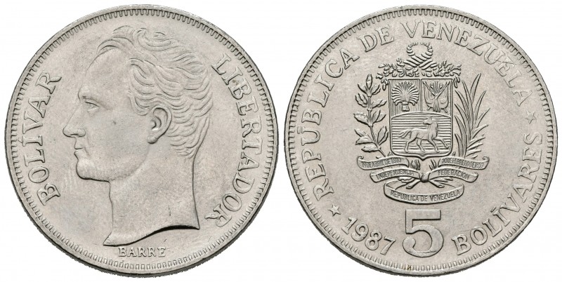 ESTADOS UNIDOS DE VENEZUELA. 5 Bolívares. (Ar. 15,06g/30mm). 1987. (Km#Y53.2). S...