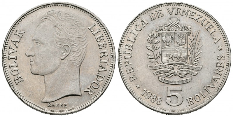 ESTADOS UNIDOS DE VENEZUELA. 5 Bolívares. (Ar. 14,94g/30mm). 1988. (Km#Y53.2). S...