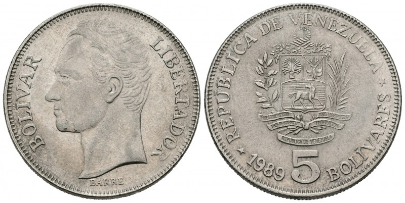 ESTADOS UNIDOS DE VENEZUELA. 5 Bolívares. (Ar. 13,34g/30mm). 1989. (Km#Y53a.1). ...