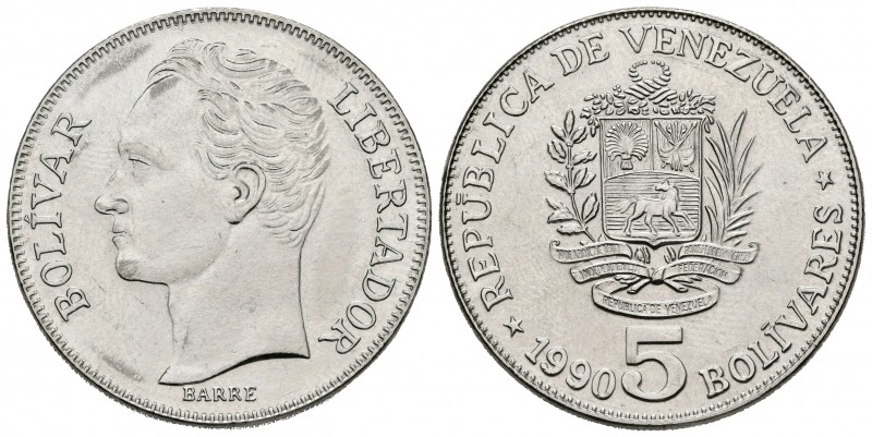 ESTADOS UNIDOS DE VENEZUELA. 5 Bolívares. (Ar. 13,40g/30mm). 1989. (Km#Y53a.1). ...