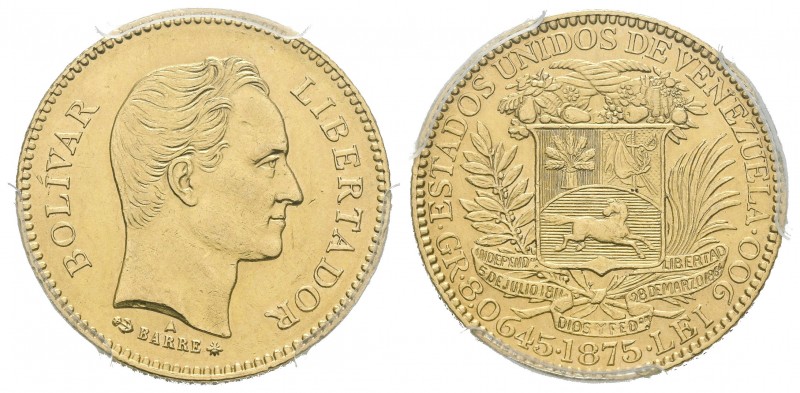 ESTADOS UNIDOS DE VENEZUELA. 5 Venezolanos. (Au. 8,06g/22mm). 1875. París A. (Km...