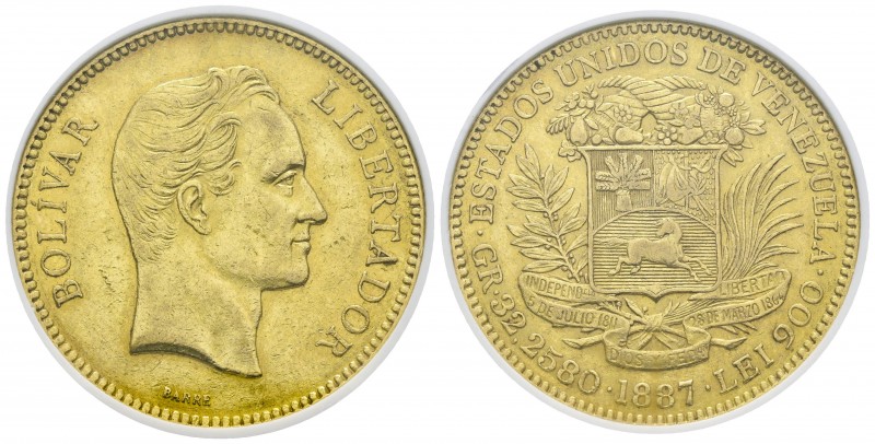 ESTADOS UNIDOS DE VENEZUELA. 100 Bolívares. (Au. 32,26g/34mm). 1887. Caracas. (K...