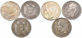 ESTADOS UNIDOS DE VENEZUELA. Lote compuesto por 3 monedas de 1 Bolívar de diferentes años. MBC/MBC+. A EXAMINAR.