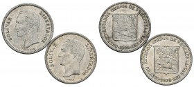 ESTADOS UNIDOS DE VENEZUELA. Lote compuesto por 2 monedas de 1/4 de Bolívar de diferentes años. MBC+/EBC. A EXAMINAR.