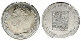 REPÚBLICA DE VENEZUELA. 50 Céntimos. (Acero niquelado. 3,00g/20mm). 1988. Werdohl, Alemania. (Km#Y41a). Encapsulado PCGS MS-63.
