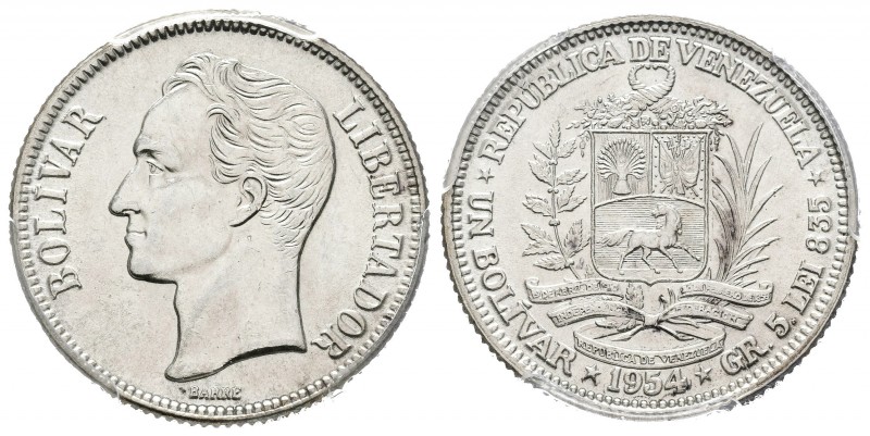 REPÚBLICA DE VENEZUELA. 1 Bolívar. (Ar. 5,00g/23mm). 1954. Philadelphia. (Km#Y37...