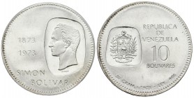 REPÚBLICA DE VENEZUELA. 10 Bolívares. (Ar. 30,00g/39mm). 1973. (Km#Y45). Centenario de la efigie de Simón Bolívar en la moneda (1873-1973). Encapsulad...