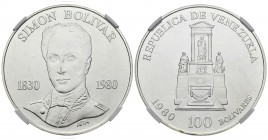 REPÚBLICA DE VENEZUELA. 100 Bolívares. (Ar. 22,00g/40mm). 1980. 150 Aniversario del nacimiento de Simón Bolívar. Londres. (Km#Y56). Encapsulado NGC MS...