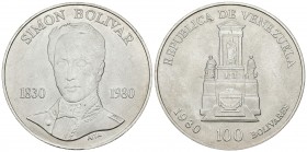REPÚBLICA DE VENEZUELA. 100 Bolívares. 1980. (Ar. 22g/40mm). 1980. 150 Aniversario del nacimiento de Simón Bolívar. Londres. (Km#Y56). EBC.
