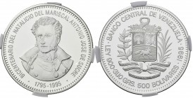 REPÚBLICA DE VENEZUELA. 500 Bolívares. (Ar. 31,10g/35mm). 1995. Bicentenario del nacimiento de Antonio José de Sucre. (Km#Y72). Encapsulado NGC PF-69 ...