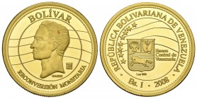 REPÚBLICA BOLIVARIANA DE VENEZUELA. 1 Bolívar. (Au. 15,60g/25mm). 2008. Suiza. Reconversión monetaria. PROOF. Manchitas rojas en anverso. Tirada de só...