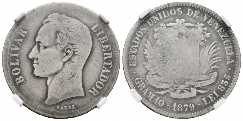 ESTADOS UNIDOS DE VENEZUELA. 2 Bolívares. (Ar. 10,00g/27mm). 1879. Bruselas. (Km...