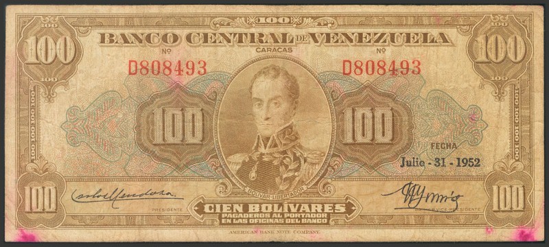 VENEZUELA. 100 Bolívares. 31 de Julio de 1952. Firmas de Carlos Mendoza y Gonzál...