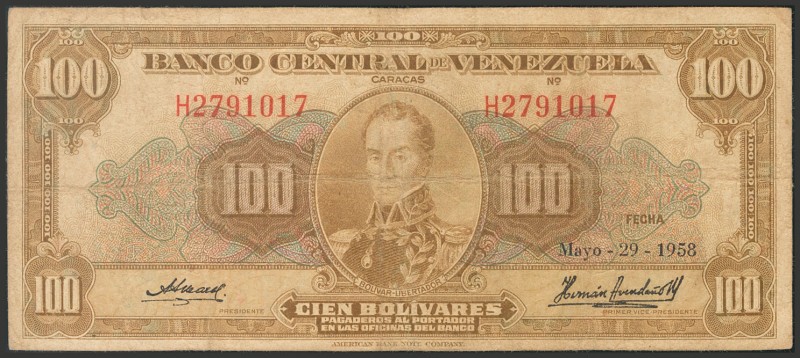 VENEZUELA. 100 Bolívares. 29 de Mayo de 1958. Serie H. (Pick: 34c, Sleiman: 62)....