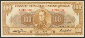 VENEZUELA. 100 Bolívares. 11 de Marzo de 1960. Firmado por Alfonso Espinoza y Hernán Avendaño. Serie K y 7 dígitos. (Pick: 34d, Sleiman: 68). EBC+....
