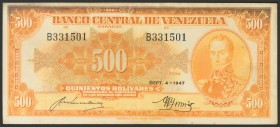 VENEZUELA. 500 Bolívares. 4 de Septiembre de 1947. Firmado por Herrera Mendoza y González Gorrondona. Serie B. (Pick: 37a, Sleiman: 16). Sólo 168.000 ...