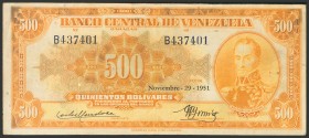 VENEZUELA. 500 Bolívares. 29 de Noviembre de 1951. Firmado por Carlos Mendoza y González Gorrondona. Serie B. (Pick: 37a, Sleiman: 18). Raro, sólo 36....