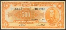 VENEZUELA. 500 Bolívares. 8 de Noviembre de 1956. Firmado por Aurelio Arreza y Enrique Salas. Serie B. (Pick:37b, Sleiman: 24). MBC+.