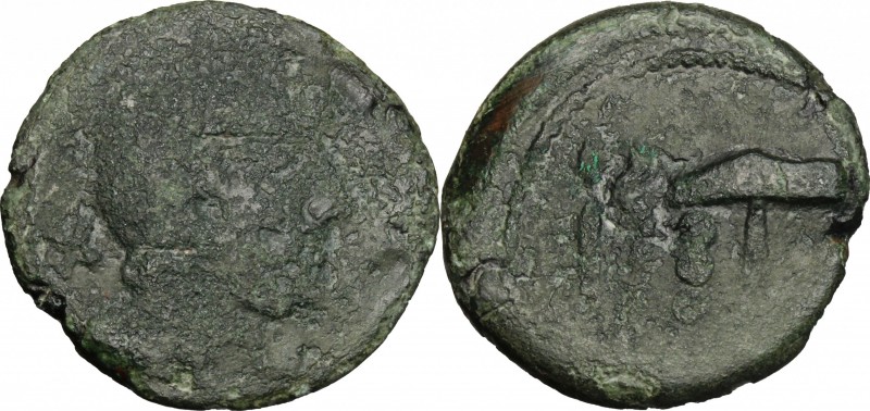 Greek Italy. Etruria, Populonia. AE Triens of 10 Units, 3rd century BC. D/ Head ...