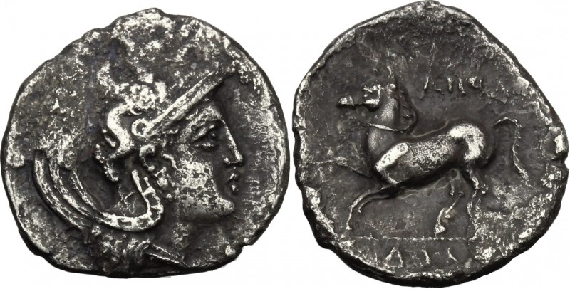 Greek Italy. Northern Apulia, Arpi. AR Diobol, c. 325-275 BC. D/ Helmeted head o...