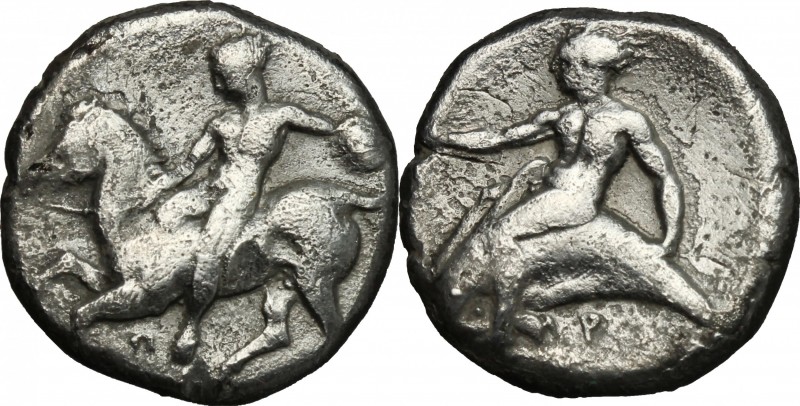 Greek Italy. Southern Apulia, Tarentum. AR Nomos, c. 380-370 BC. D/ Nude warrior...
