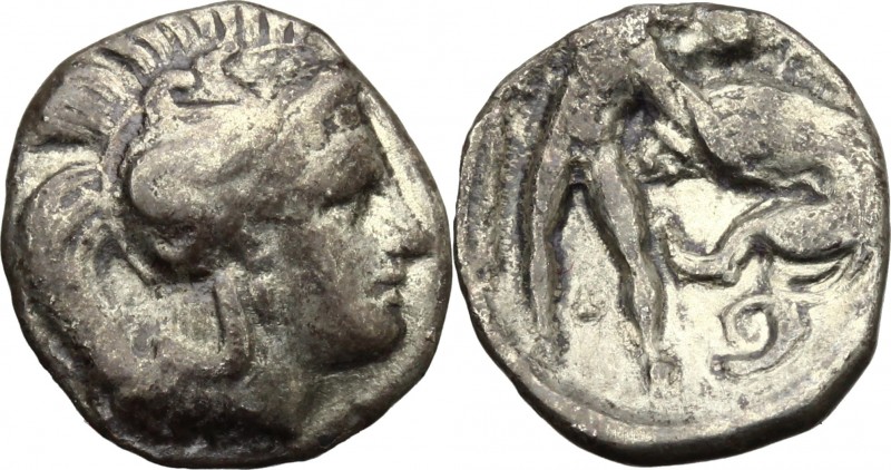 Greek Italy. Southern Apulia, Tarentum. AR Diobol, c. 380-325 BC. D/ Head of Ath...