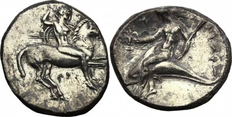 Greek Italy. Southern Apulia, Tarentum. AR Nomos, c. 332-302 BC. D/ Warrior on h...