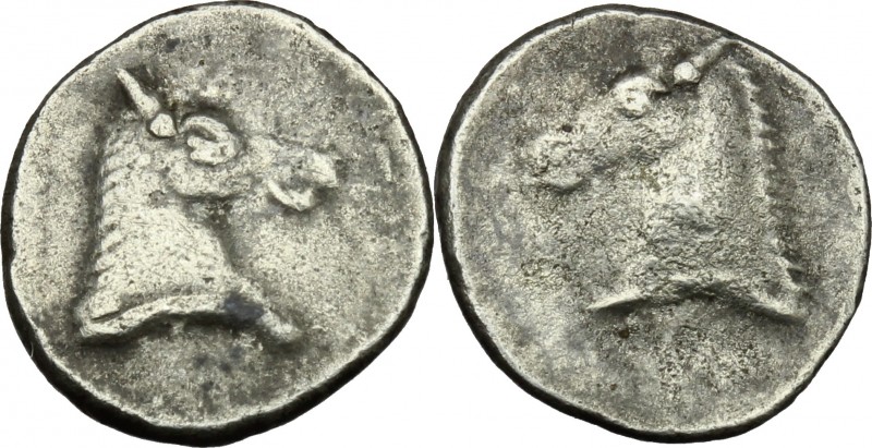 Greek Italy. Southern Apulia, Tarentum. AR Obol, c. 325-280 BC. D/ Horse's head ...