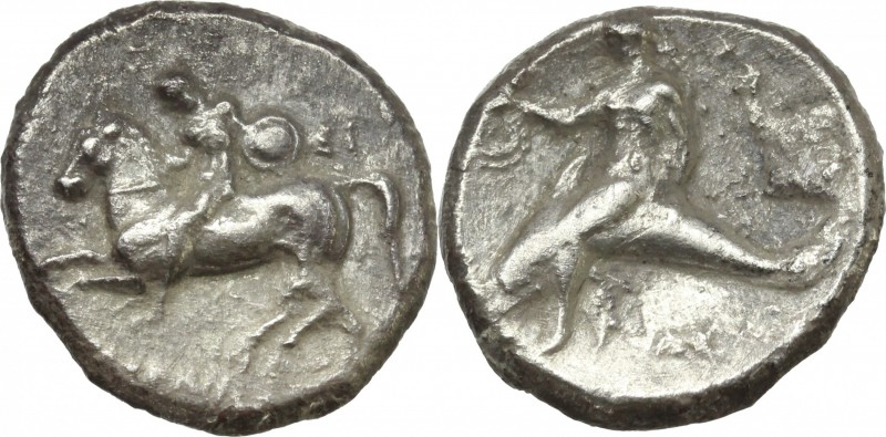 Greek Italy. Southern Apulia, Tarentum. AR Nomos, 302-280 BC. Philokles magistra...