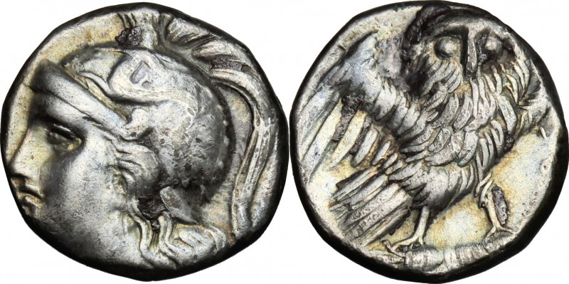 Greek Italy. Southern Apulia, Tarentum. AR Drachm, c. 280-272 BC. D/ Helmeted he...