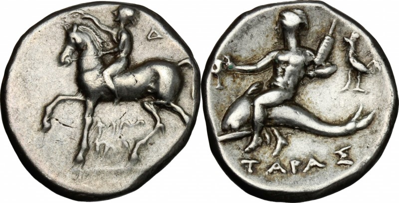 Greek Italy. Southern Apulia, Tarentum. AR Stater, c. 272-235 BC. D/ Youth on ho...