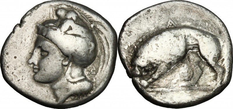 Greek Italy. Northern Lucania, Velia. AR Didrachm, c. 334-300 BC. D/ Helmeted he...