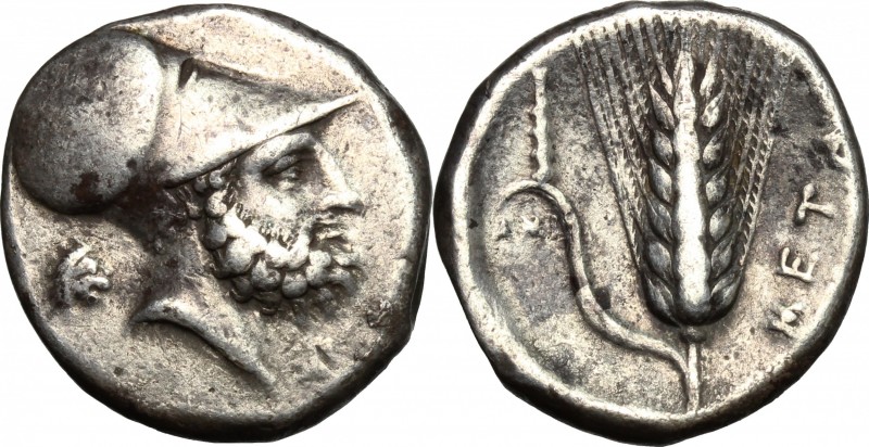 Greek Italy. Southern Lucania, Metapontum. AR Stater, c. 340-330 BC. D/ Helmeted...