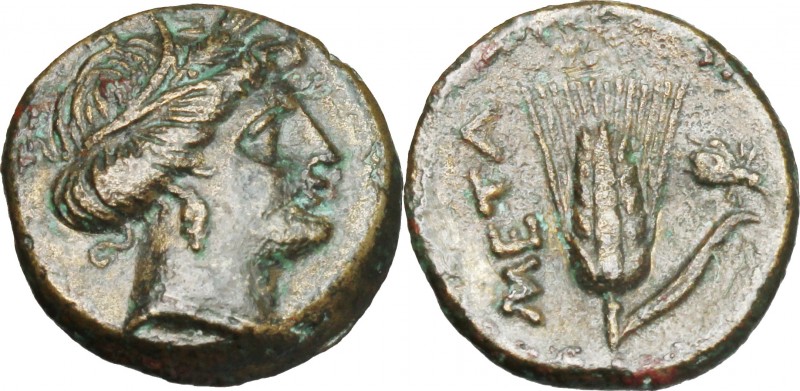 Greek Italy. Southern Lucania, Metapontum. AE 15 mm. c. 300-250 BC. D/ Wreathed ...