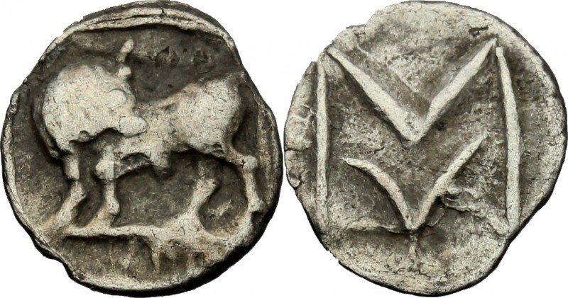Greek Italy. Southern Lucania, Sybaris. AR Obol, c. 550-510 BC. D/ Bull standing...