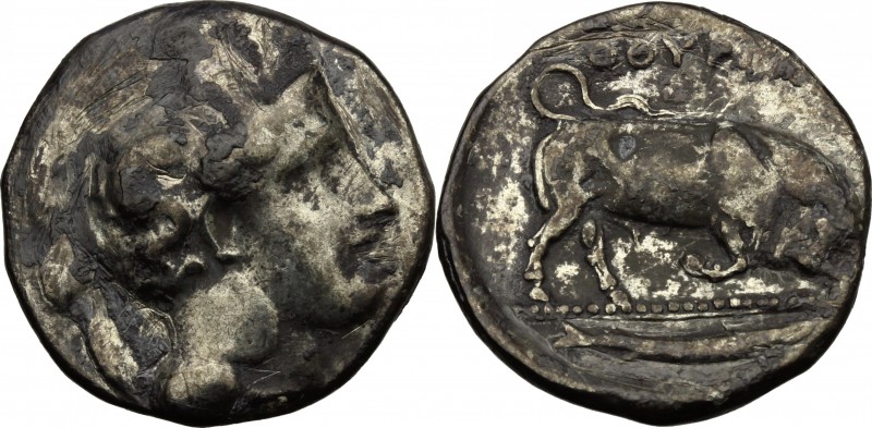 Greek Italy. Southern Lucania, Thurium. AR Stater, c. 400-350 BC. D/ Helmeted he...