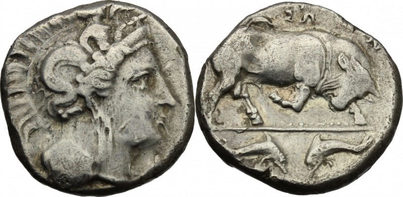 Greek Italy. Southern Lucania, Thurium. AR Stater, c. 350-300 BC. D/ Head of Ath...
