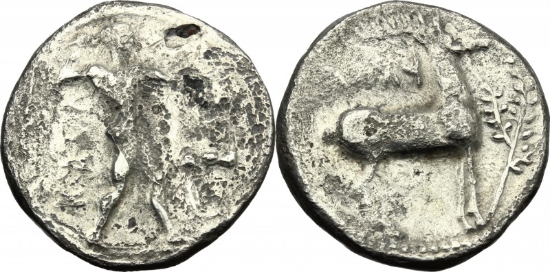 Greek Italy. Bruttium, Kaulonia. AR Stater, c. 475-425 BC. D/ KAVΛ. Apollo advan...