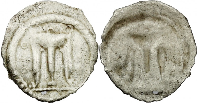 Greek Italy. Bruttium, Kroton. AR Hemiobol, c. 530-500 BC. D/ Tripod; QPO to lef...