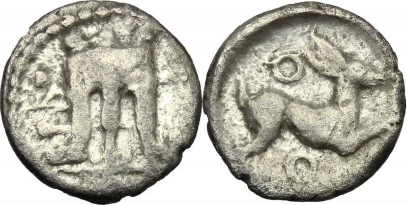 Greek Italy. Bruttium, Kroton. AR Diobol, c. 525-425 BC. D/ Tripod; ethnic to le...