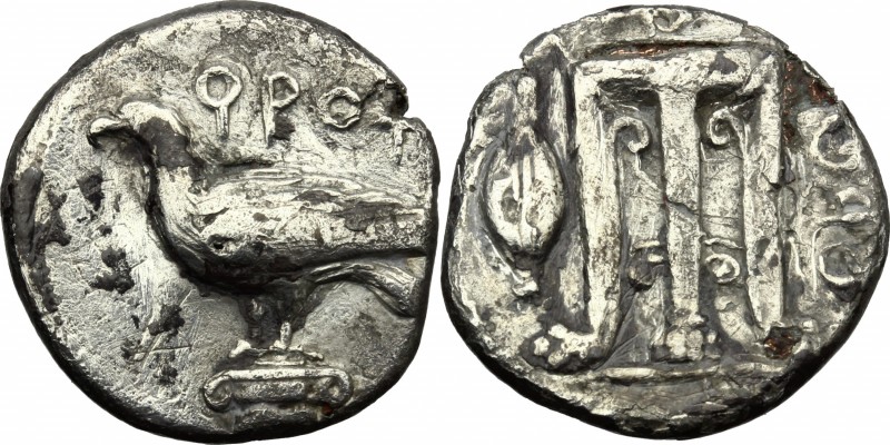 Greek Italy. Bruttium, Kroton. AR Stater, 425-350 BC. D/ QPOT. Eagle standing le...
